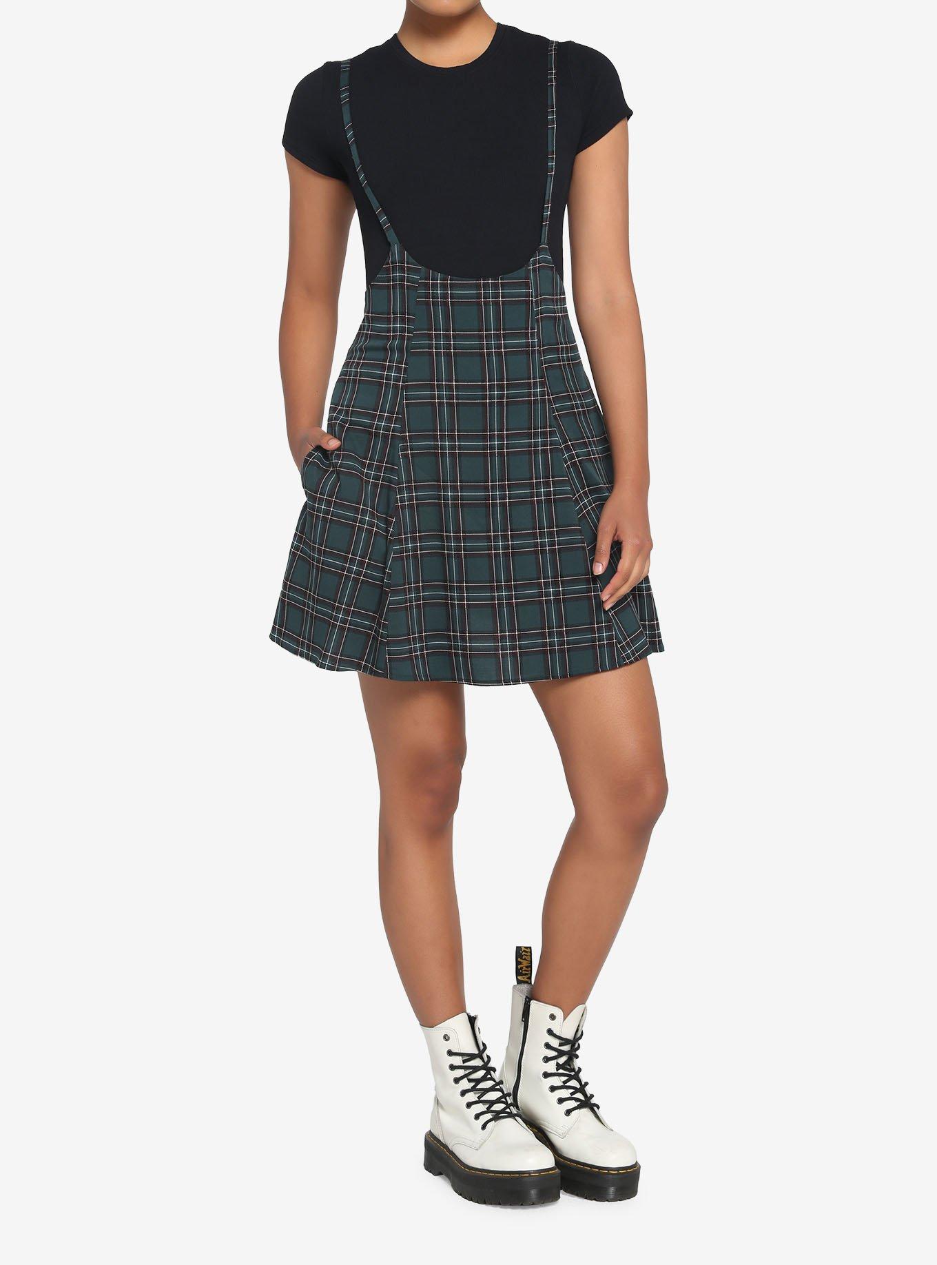 Green Plaid High-Waisted Suspender Skirt, PLAID - GREEN, alternate