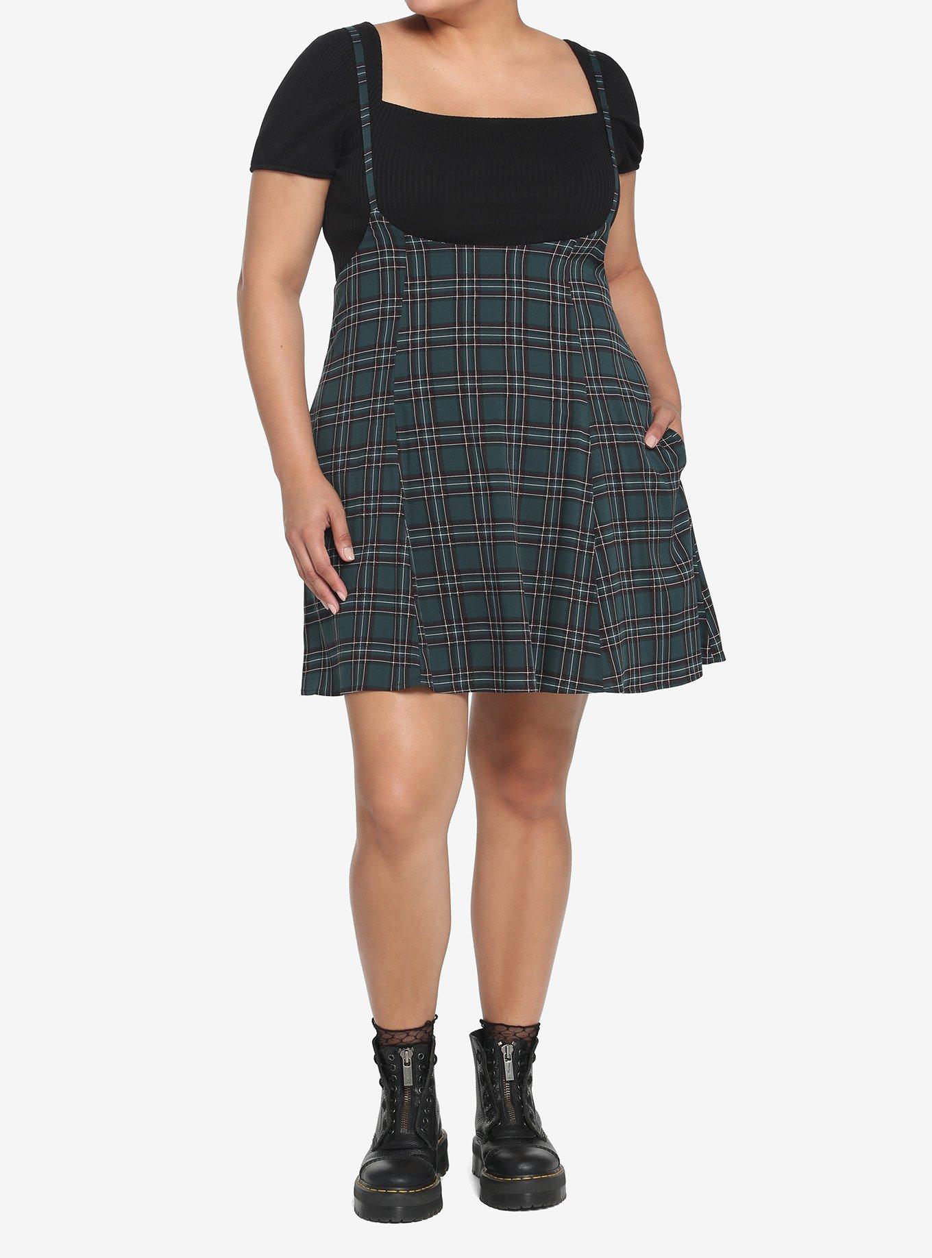 Green Plaid High-Waisted Suspender Skirt Plus Size, PLAID - GREEN, alternate