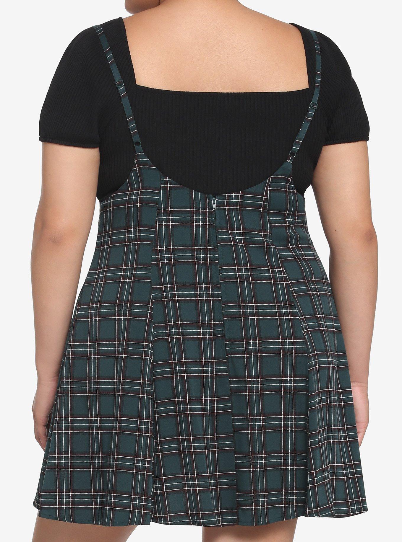 Green Plaid High-Waisted Suspender Skirt Plus Size, PLAID - GREEN, alternate