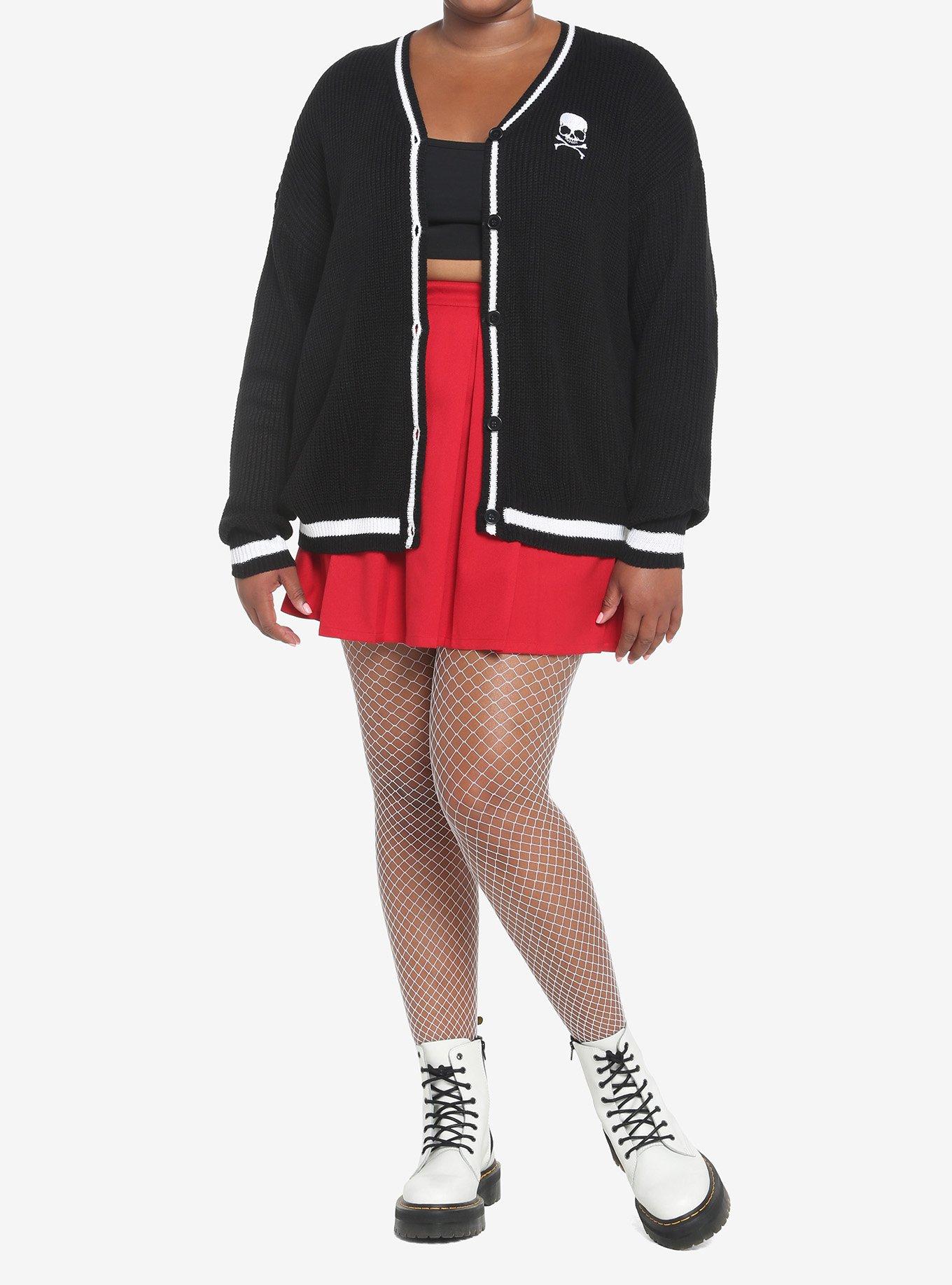Skull Embroidery Varsity Stripe Cardigan Plus Size, BLACK WHITE STRIPE, alternate