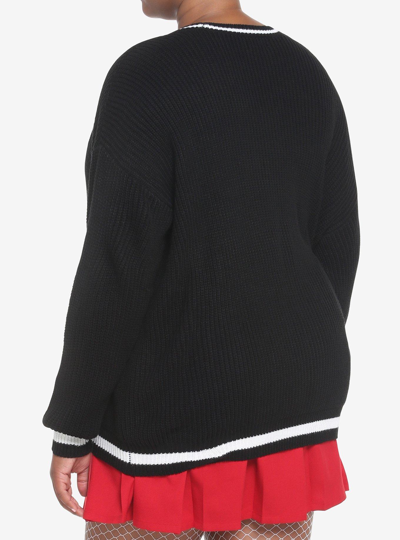 Skull Embroidery Varsity Stripe Cardigan Plus Size, BLACK WHITE STRIPE, alternate