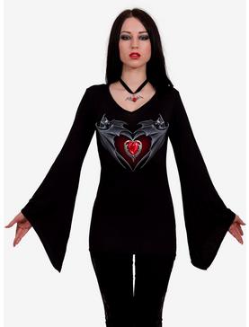 Bat's Heart V Neck Goth Long Sleeve Top Black, , hi-res