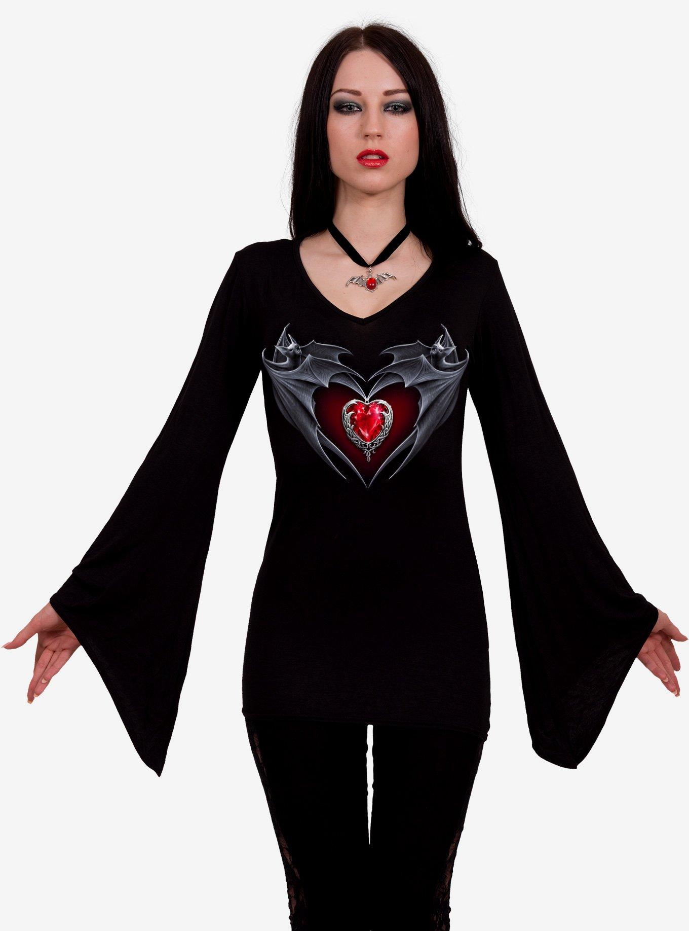 Bat's Heart V Neck Goth Long Sleeve Top Black, BLACK, alternate