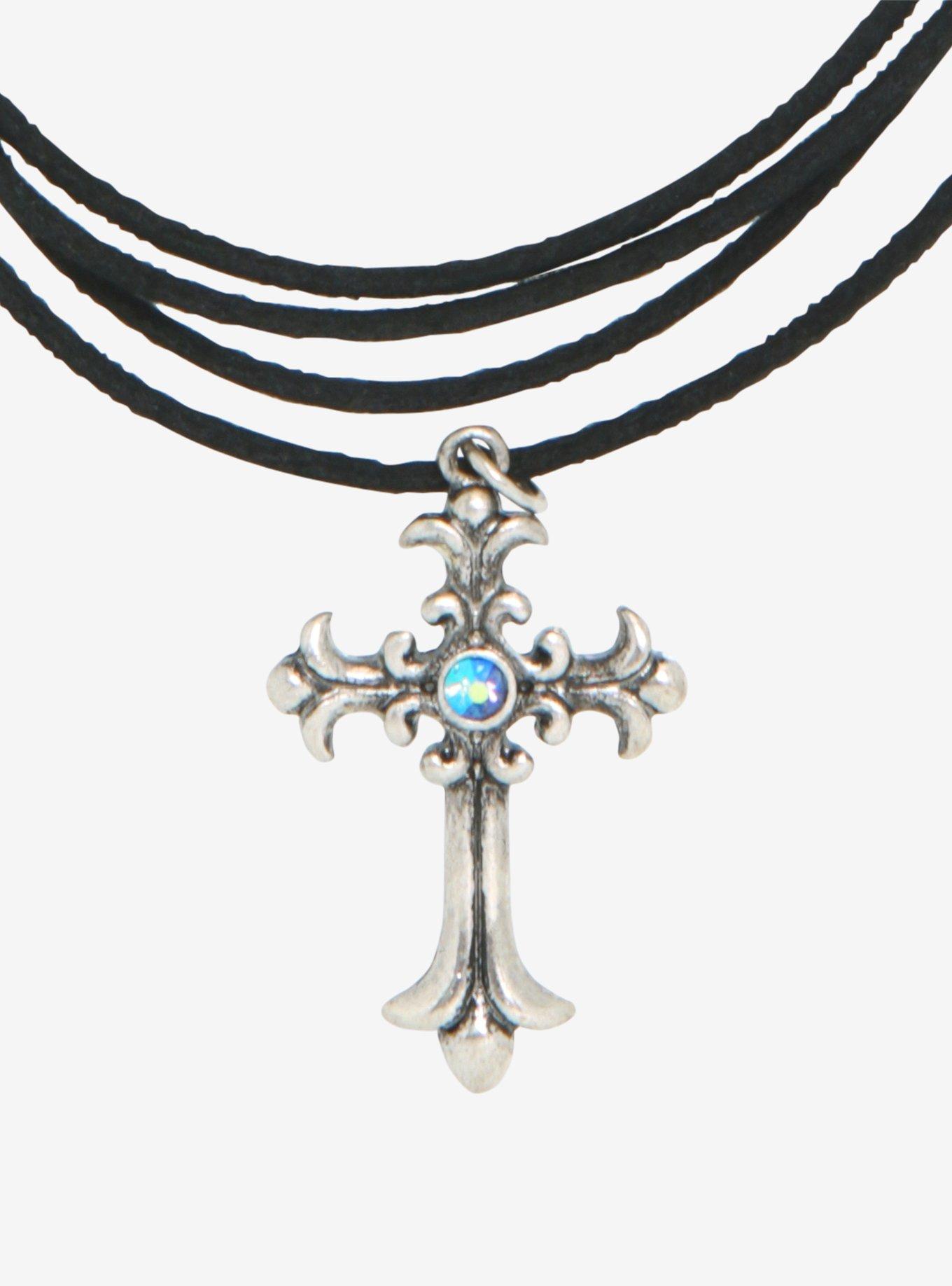 Gem Cross Suede Cord Wrap Necklace, , alternate