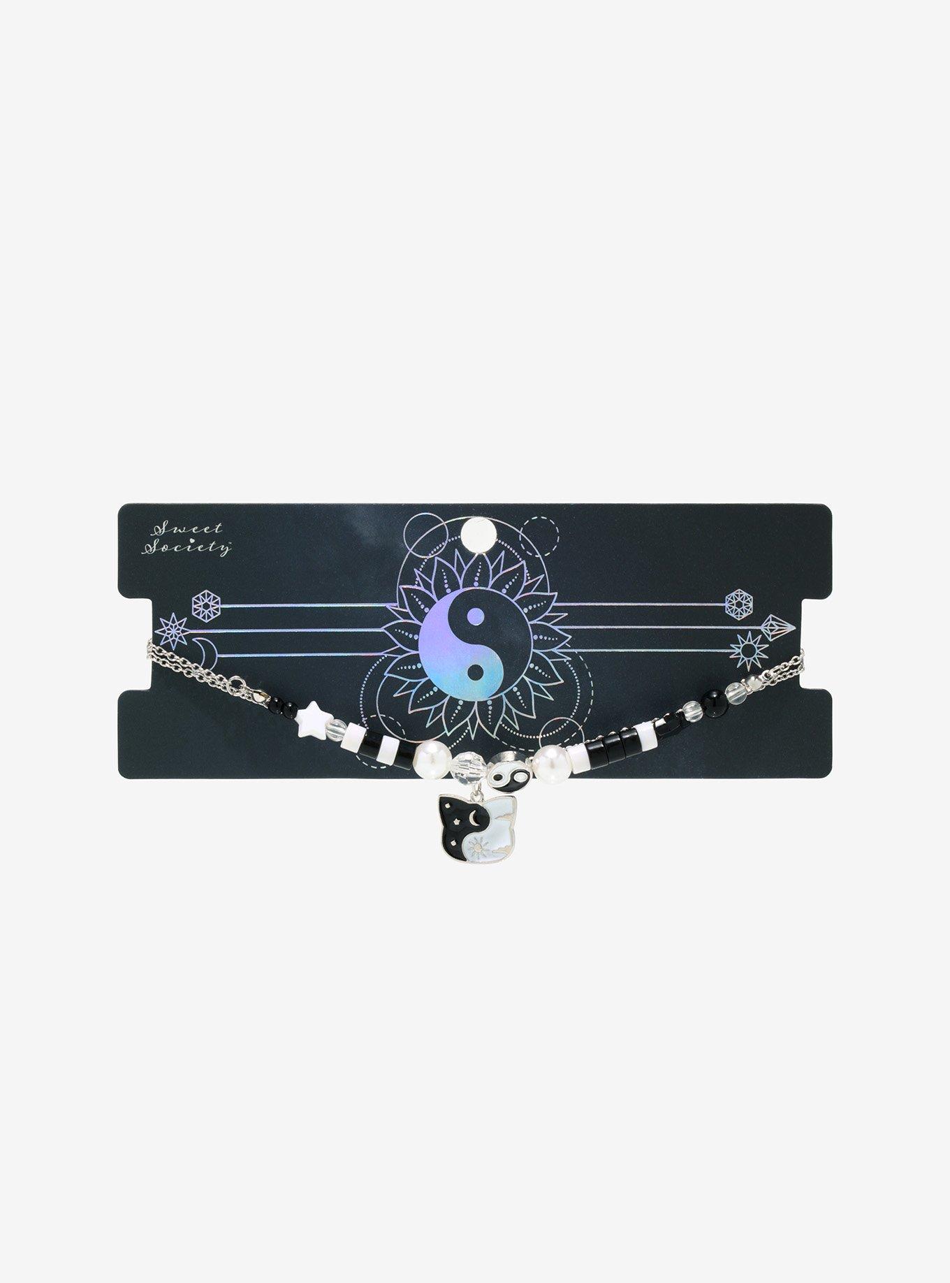 Black & White Yin-Yang Cat Beaded Necklace Set, , alternate