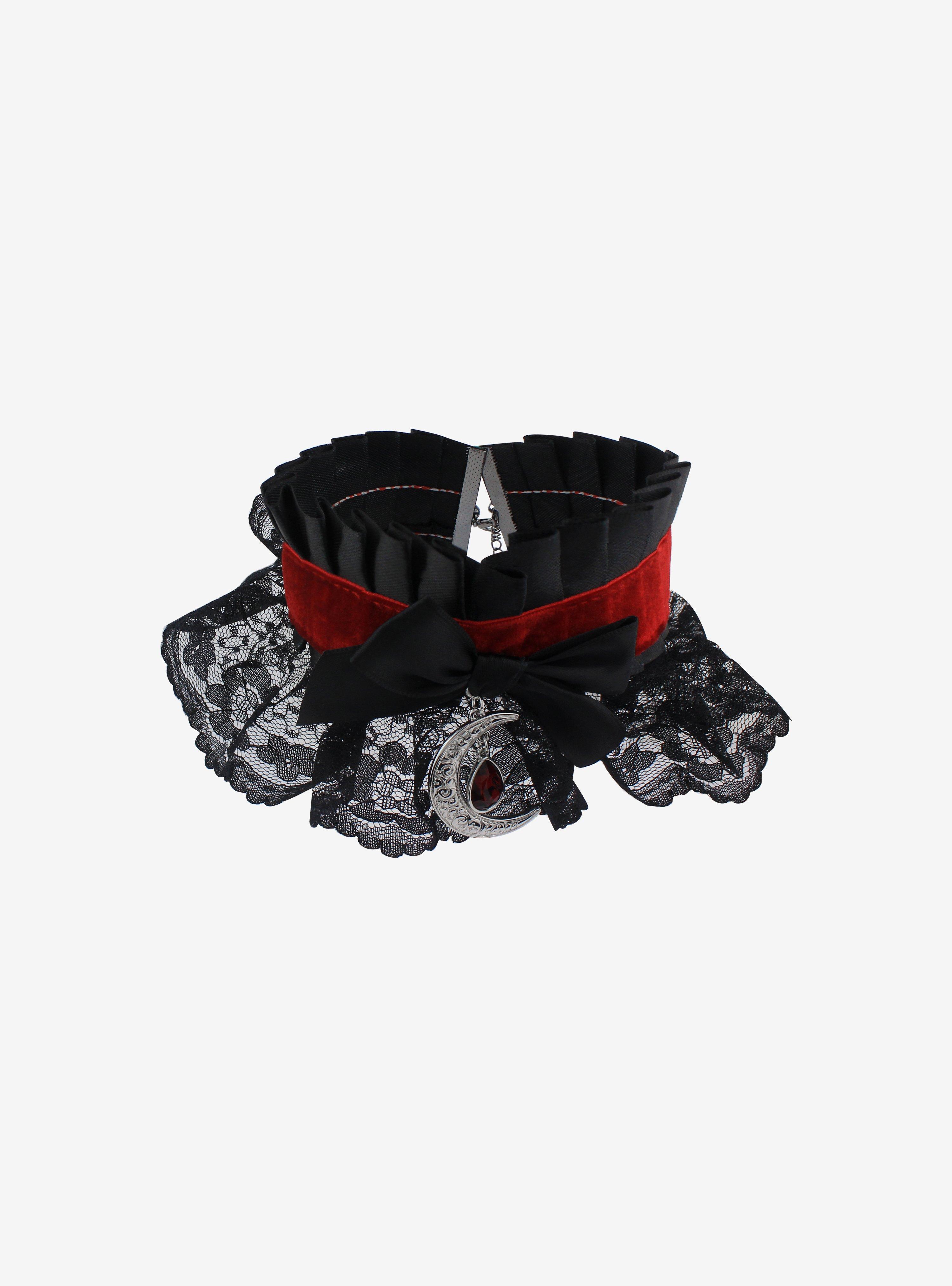 Crescent Moon Red Velvet Black Lace Choker, , alternate