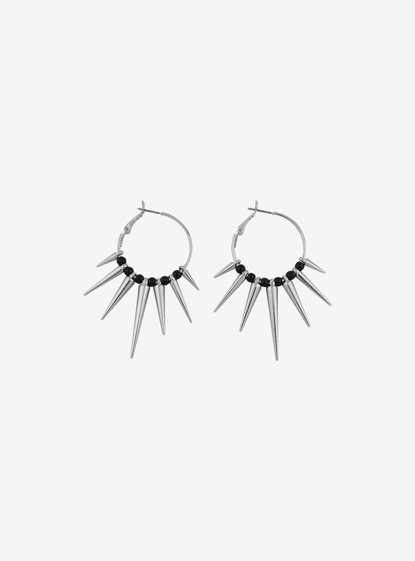 Black Gem Spike Hoop Earrings, , alternate