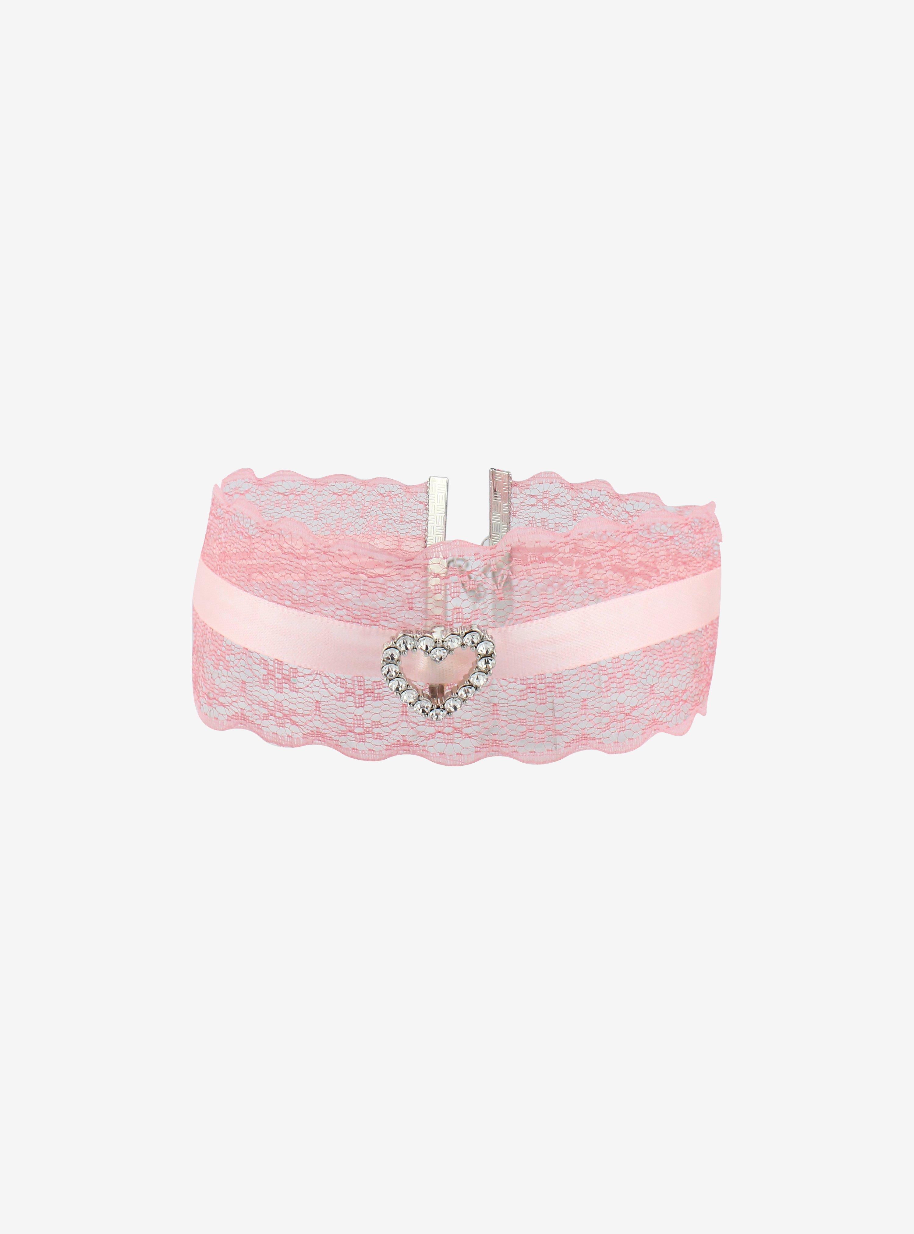 Pink Rhinestone Heart Lace Choker, , alternate