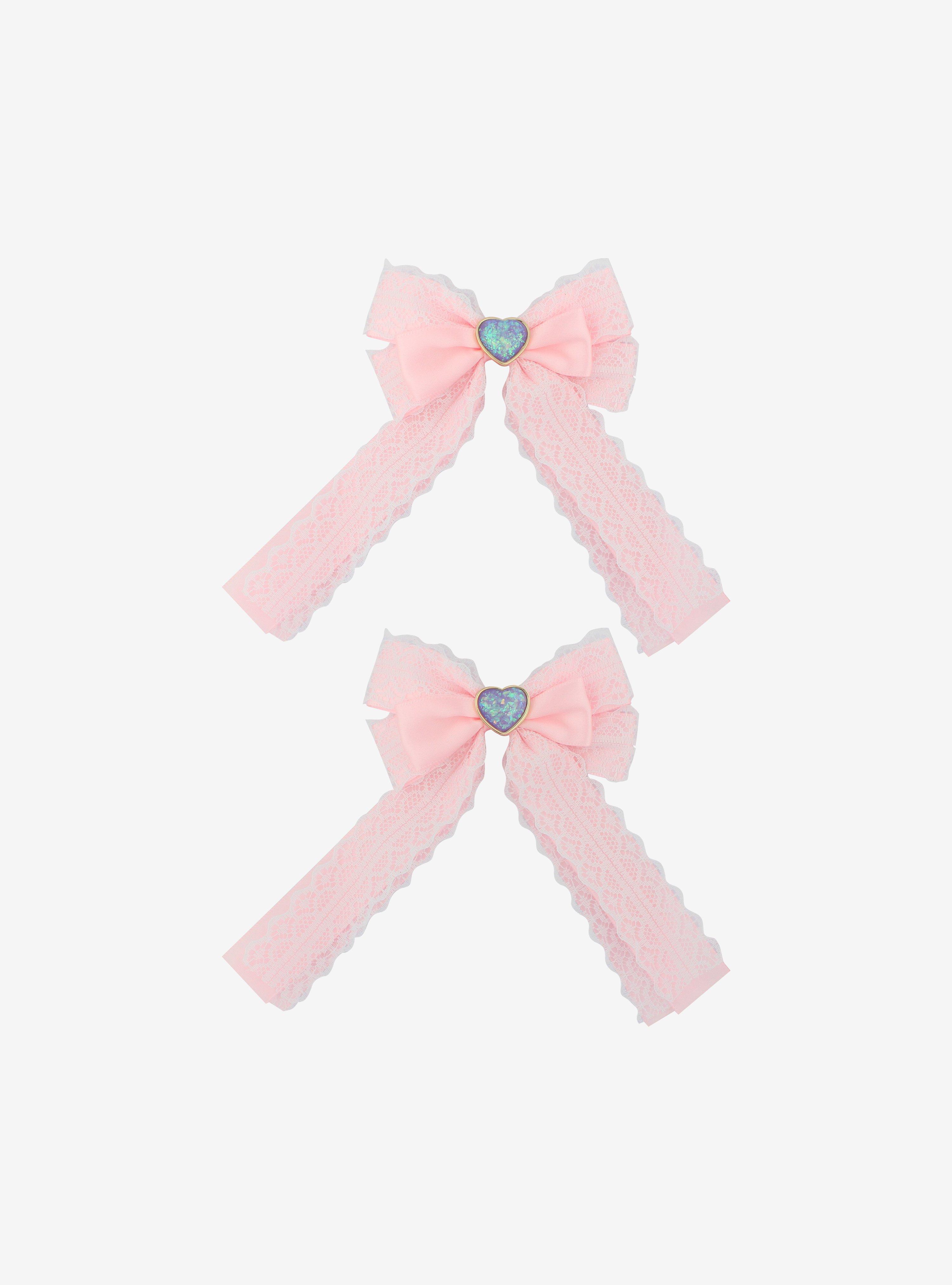 Pink Lace Heart Gem Hair Bow Set, , alternate
