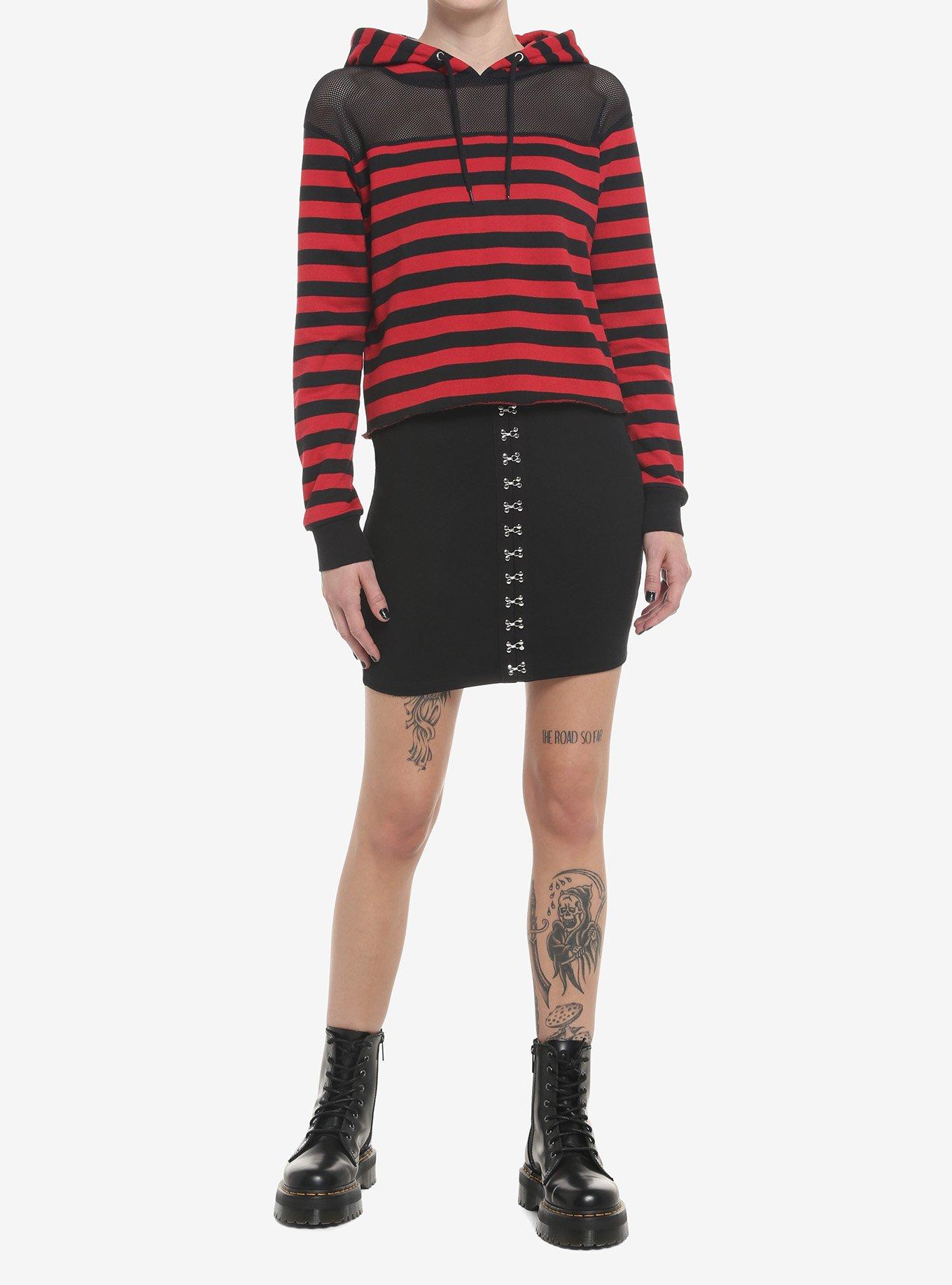 Black & Red Stripe Mesh Shoulder Crop Girls Hoodie, STRIPE - RED, alternate