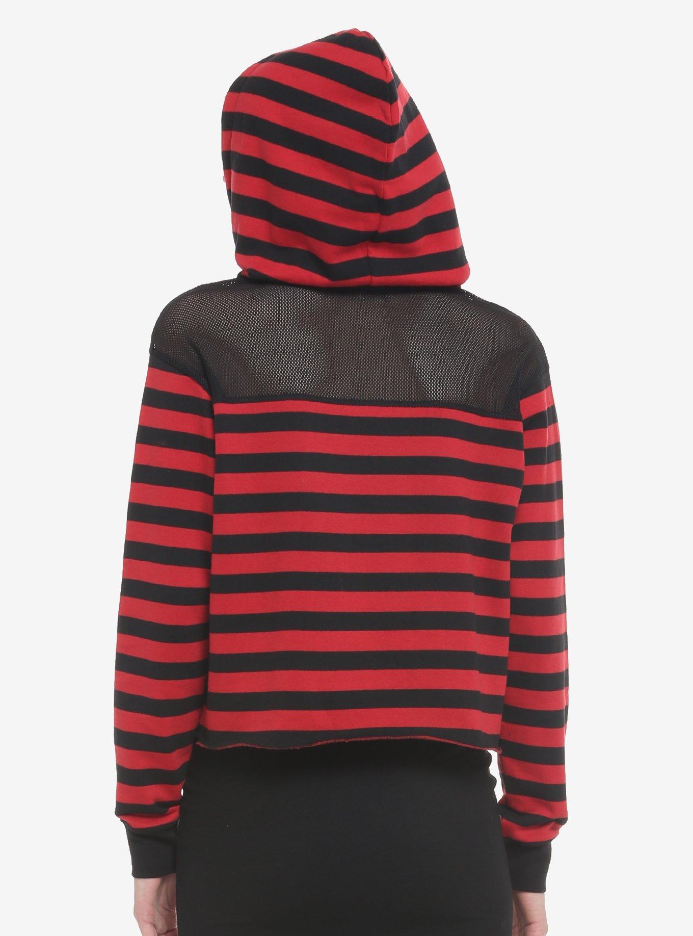 Black & Red Stripe Mesh Shoulder Crop Girls Hoodie, STRIPE - RED, alternate