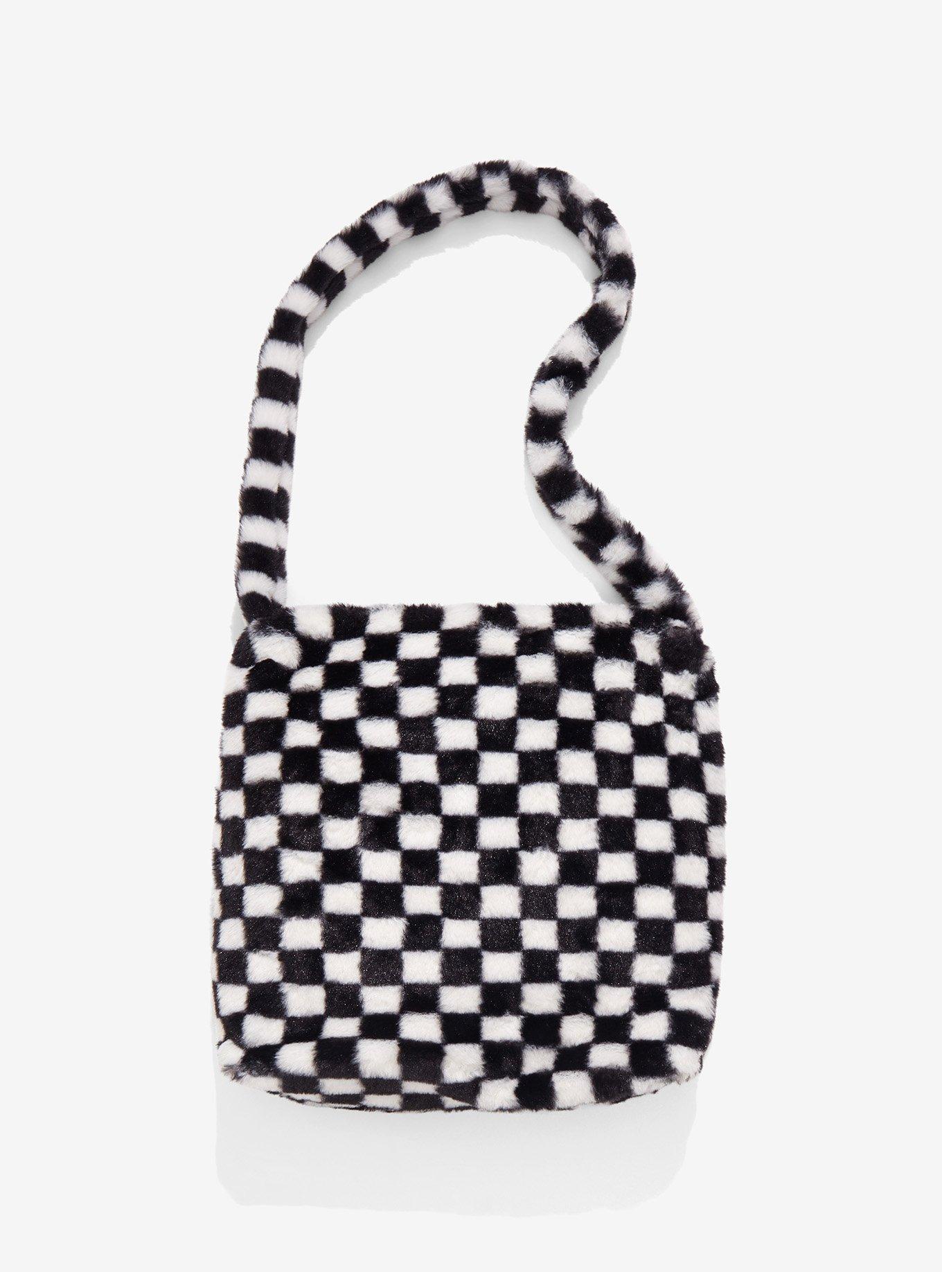 Checkered Embossed Contrast Binding Fuzzy Hobo Bag