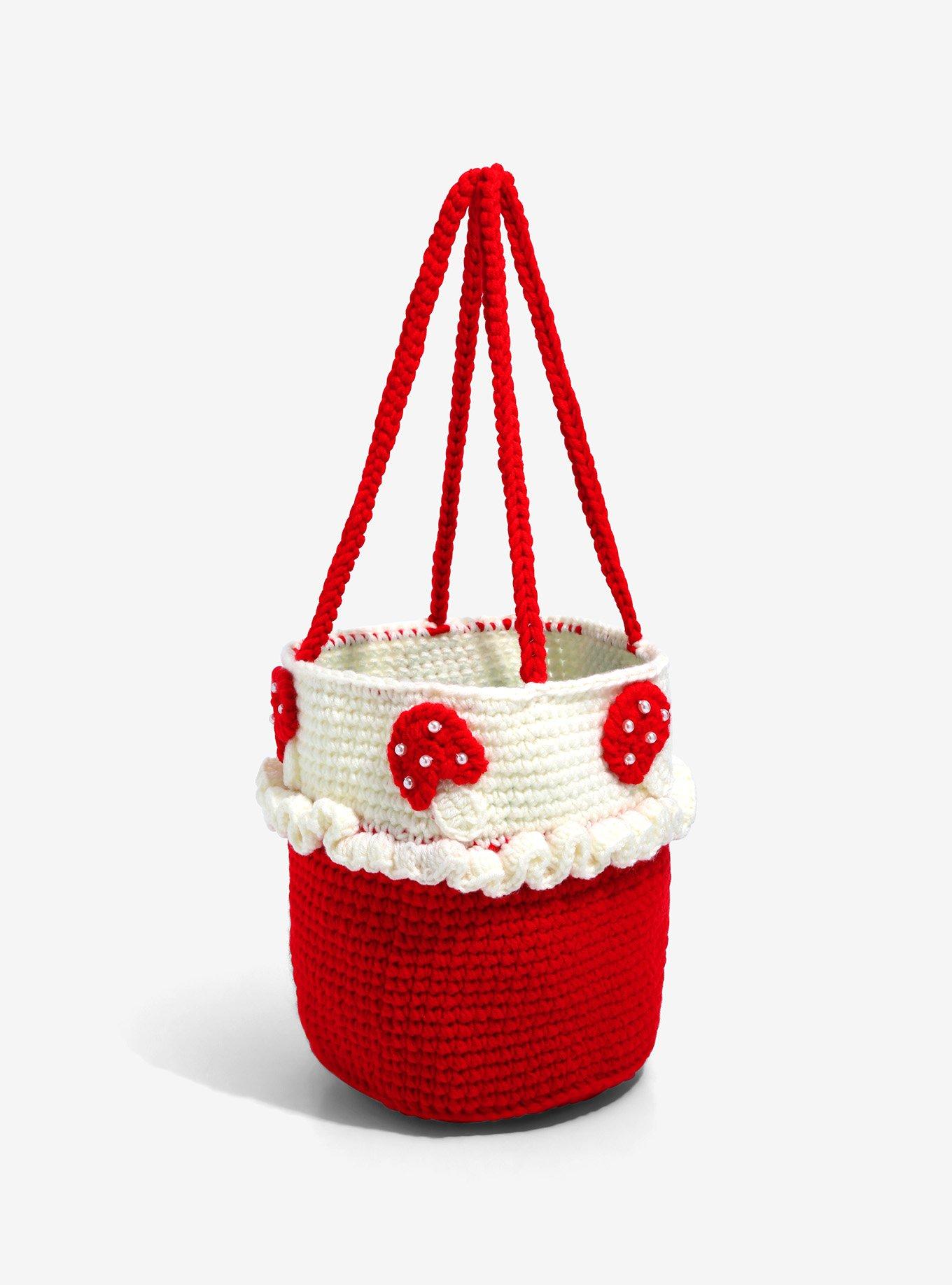 Crochet Red Mushroom Round Bucket Bag, , alternate
