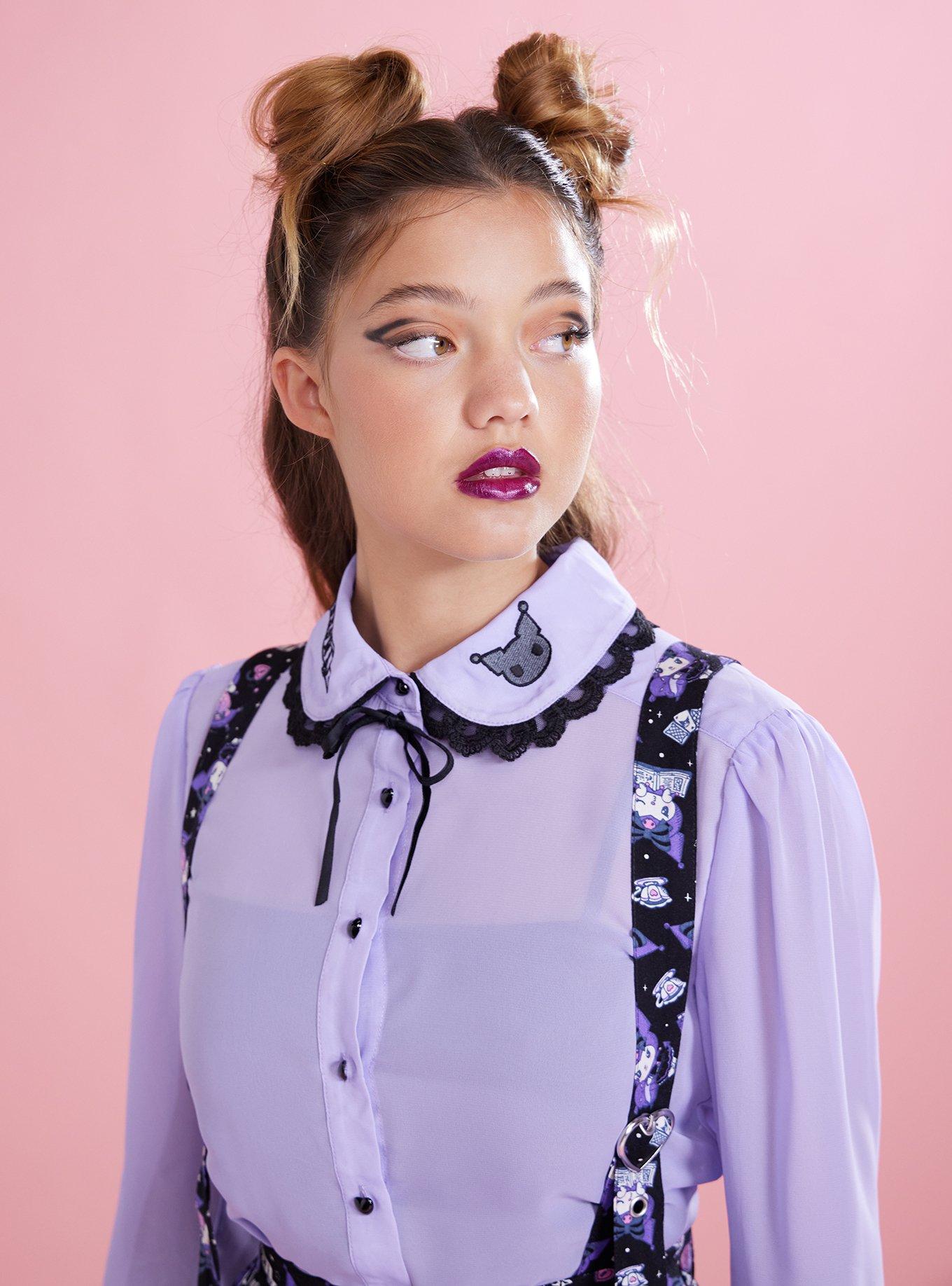 Kuromi Lavender Sheer Girls Woven Long-Sleeve Top, BLACK, alternate
