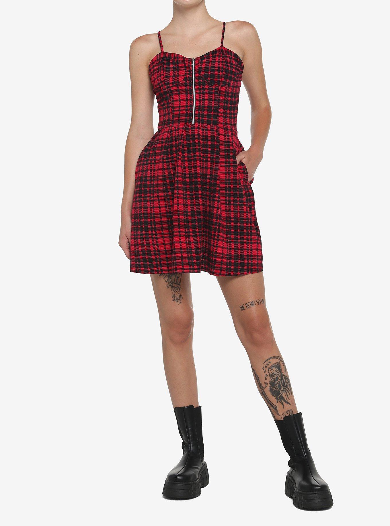 Black & Red Plaid Zipper Dress, PLAID - RED, alternate