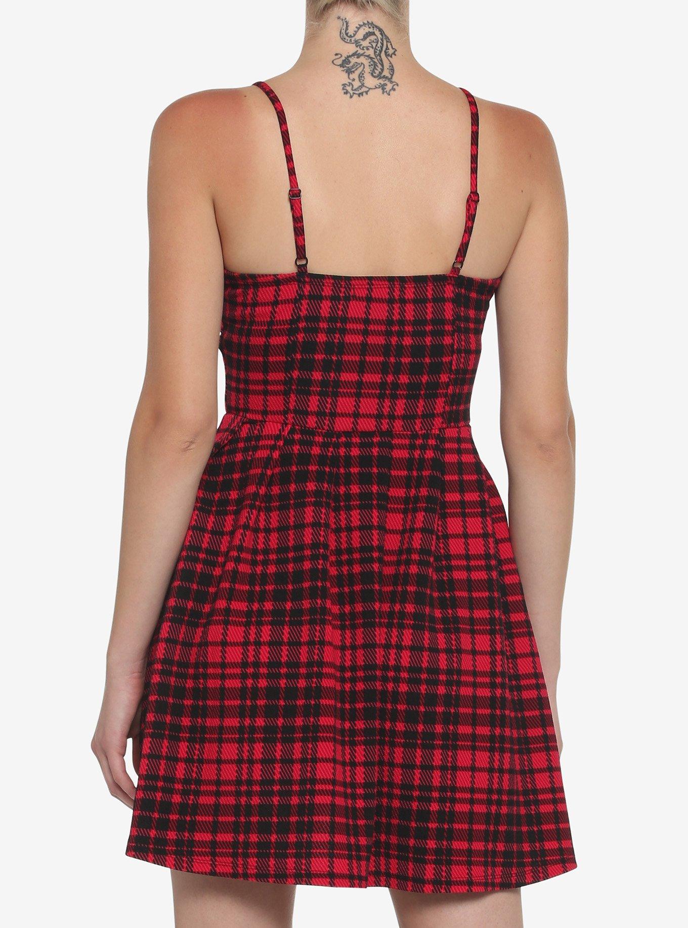 Black & Red Plaid Zipper Dress, PLAID - RED, alternate
