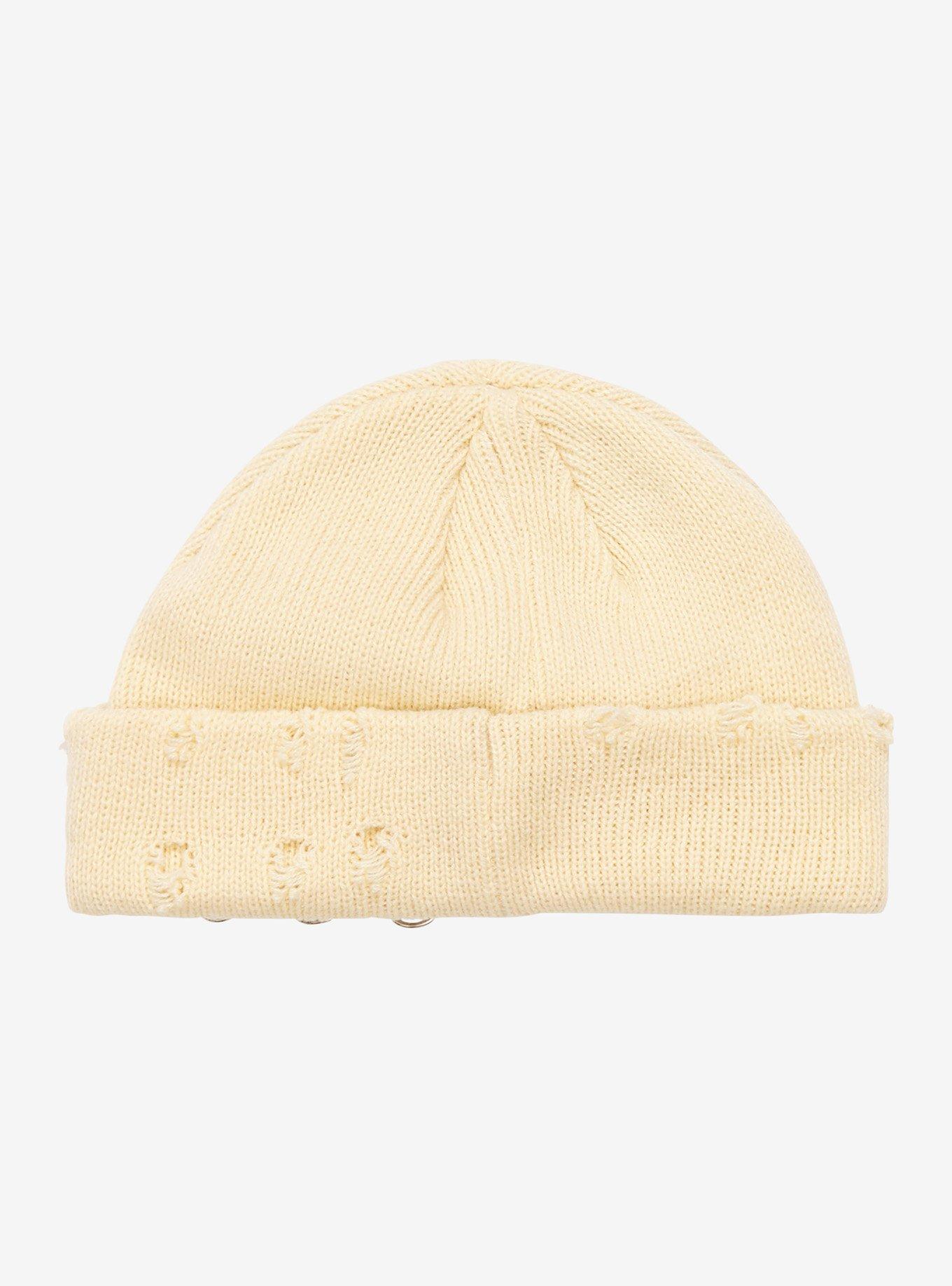 Cream Distressed Pierced Beanie, , alternate