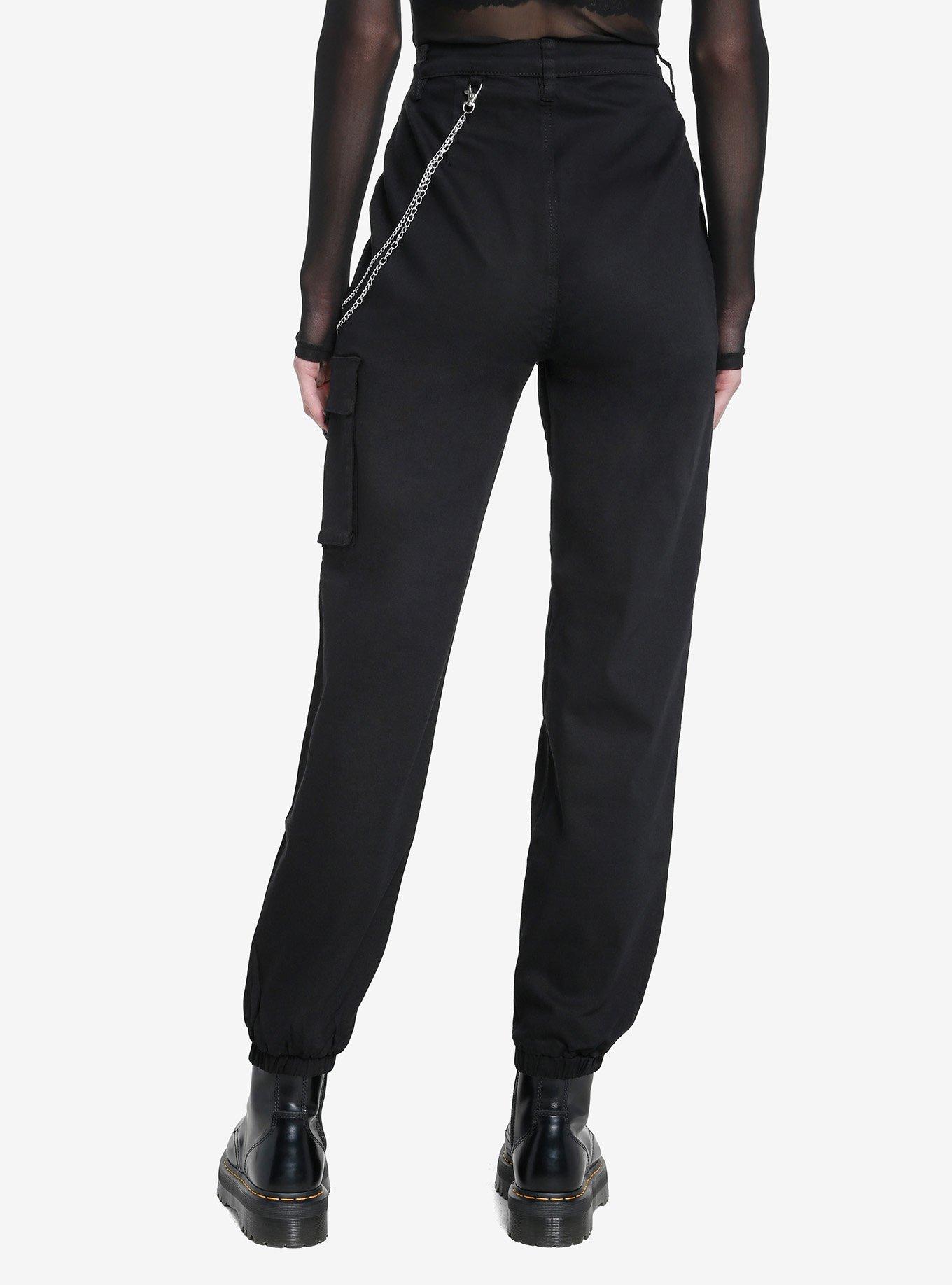 Black Chain Zipper Pocket Jogger Pants, BLACK, alternate