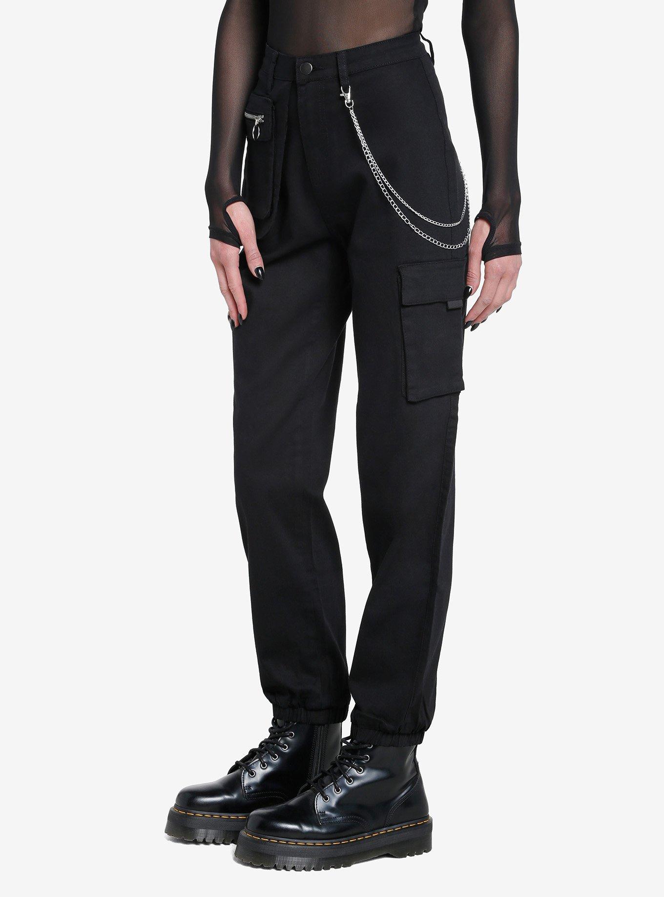 Black Chain Zipper Pocket Jogger Pants, BLACK, alternate