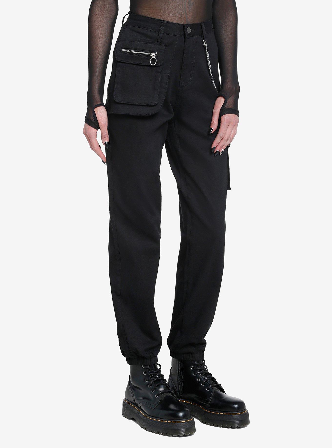Black Chain Zipper Pocket Jogger Pants, BLACK, alternate