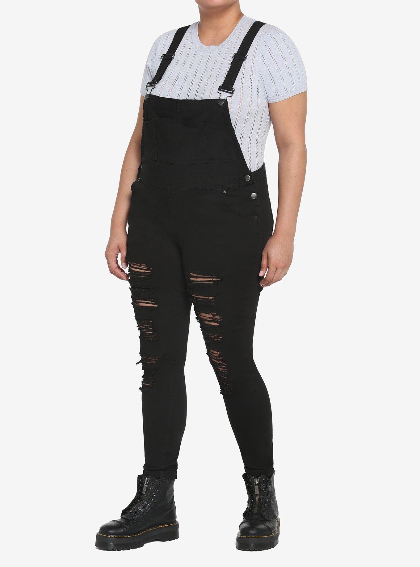 Black Destressed Overalls Plus Size, BLACK, alternate