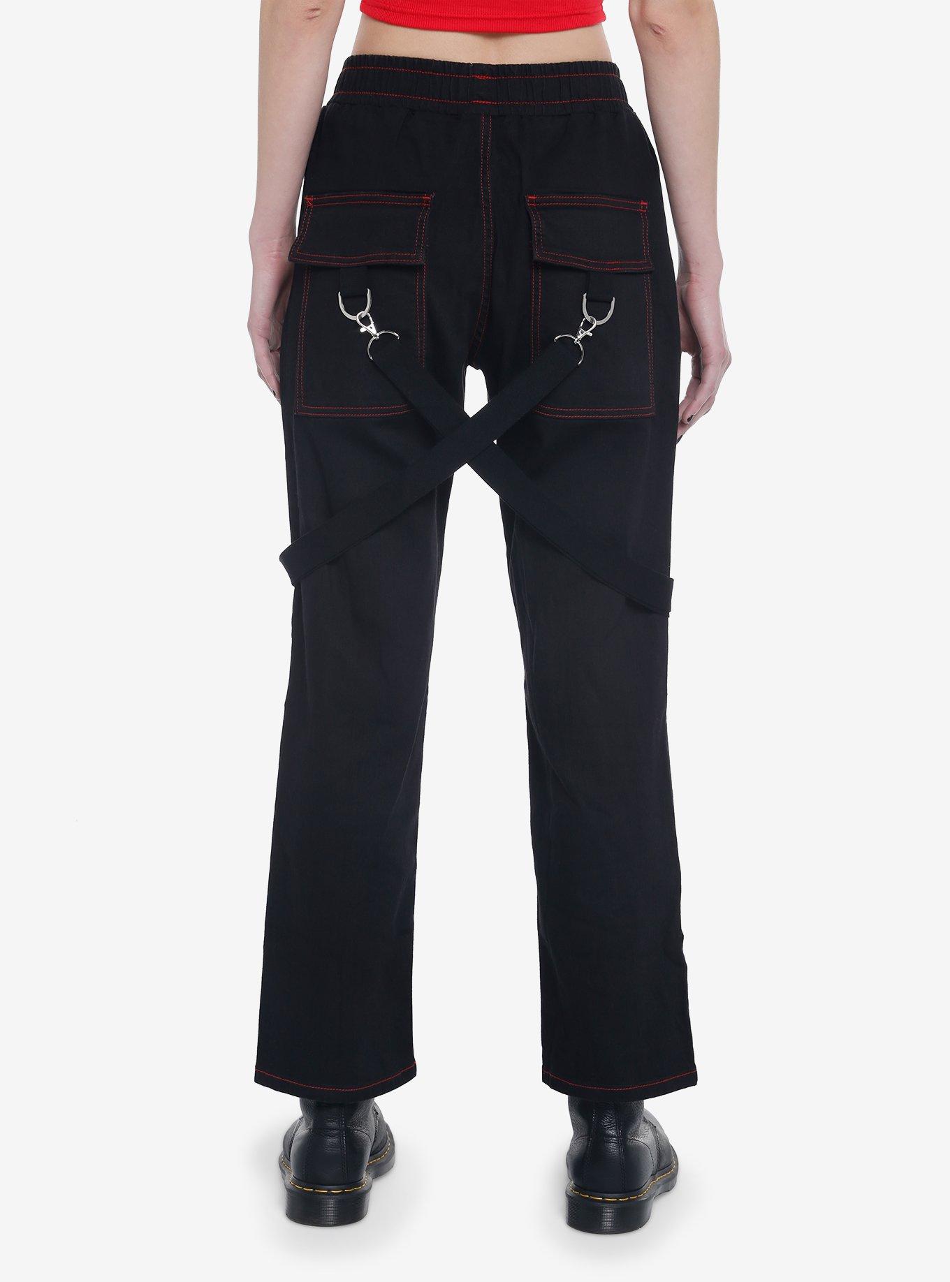 Black & Red Stitch Suspender Jogger Pants, BLACK, alternate