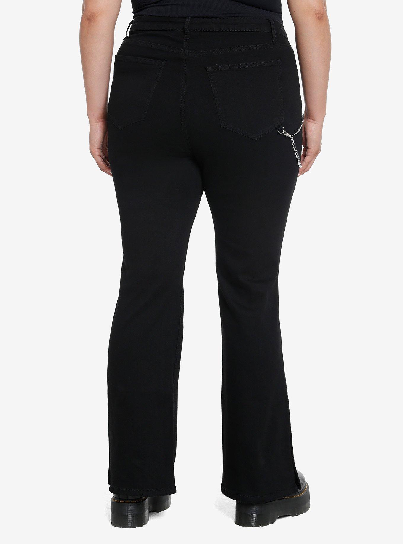 Black Side Chain Button Flare Pants Plus Size, , hi-res
