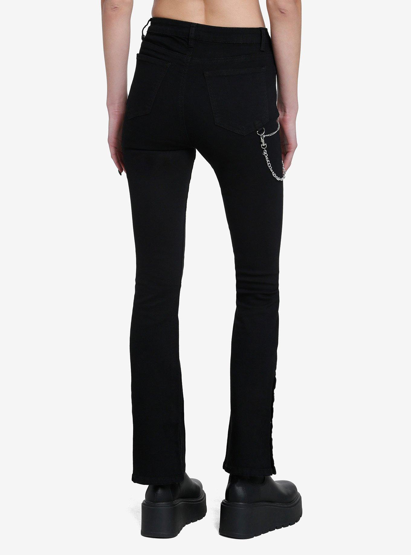Black Side Chain Button Flare Pants, BLACK, alternate