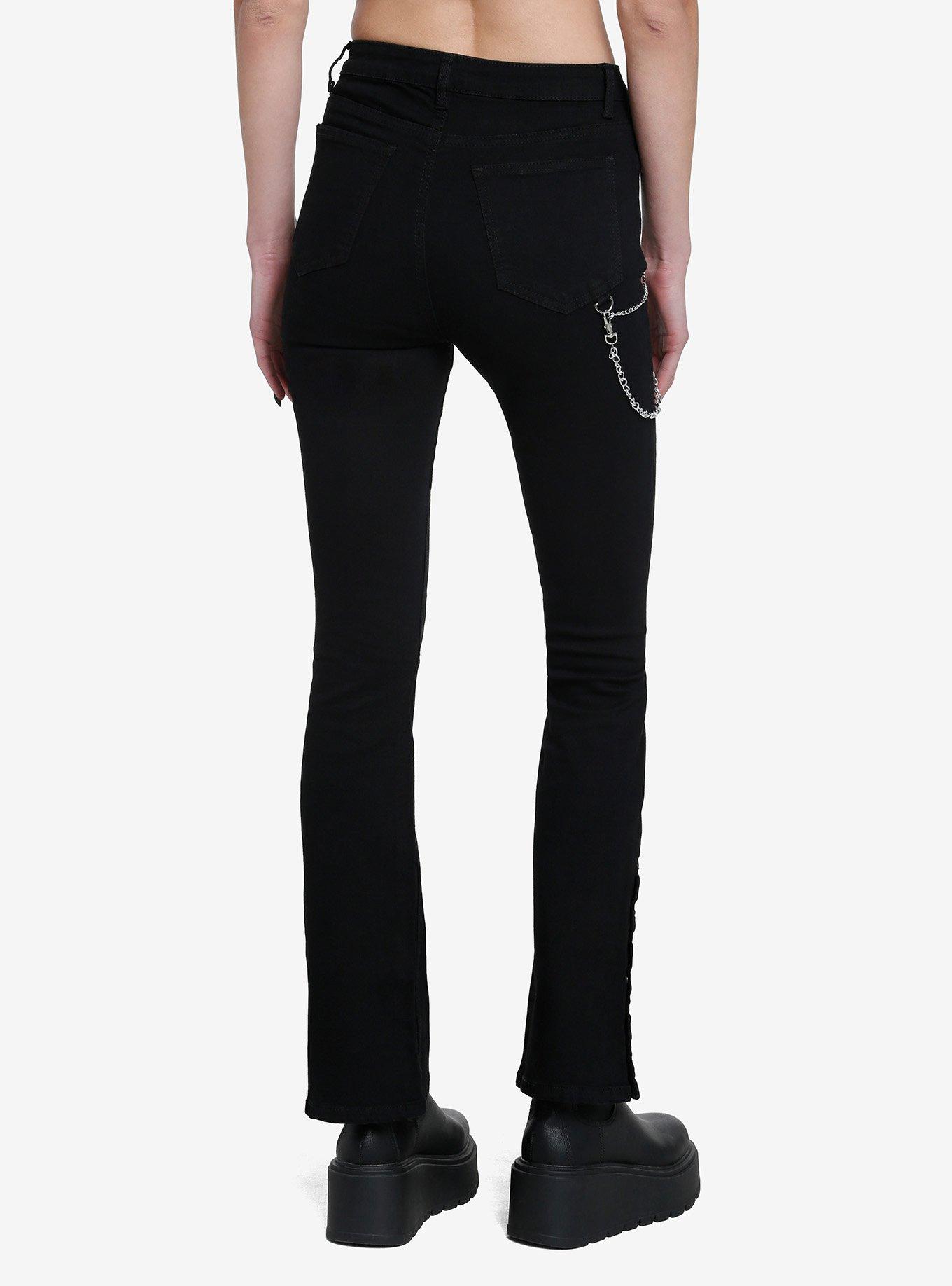 Black Side Chain Button Flare Pants, , hi-res