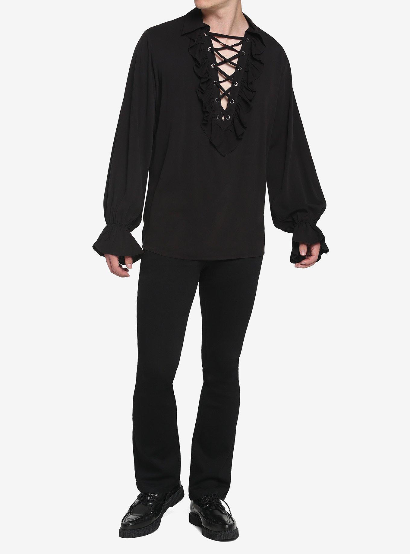 Black Ruffle Lace-Up Long-Sleeve Shirt, BLACK, alternate