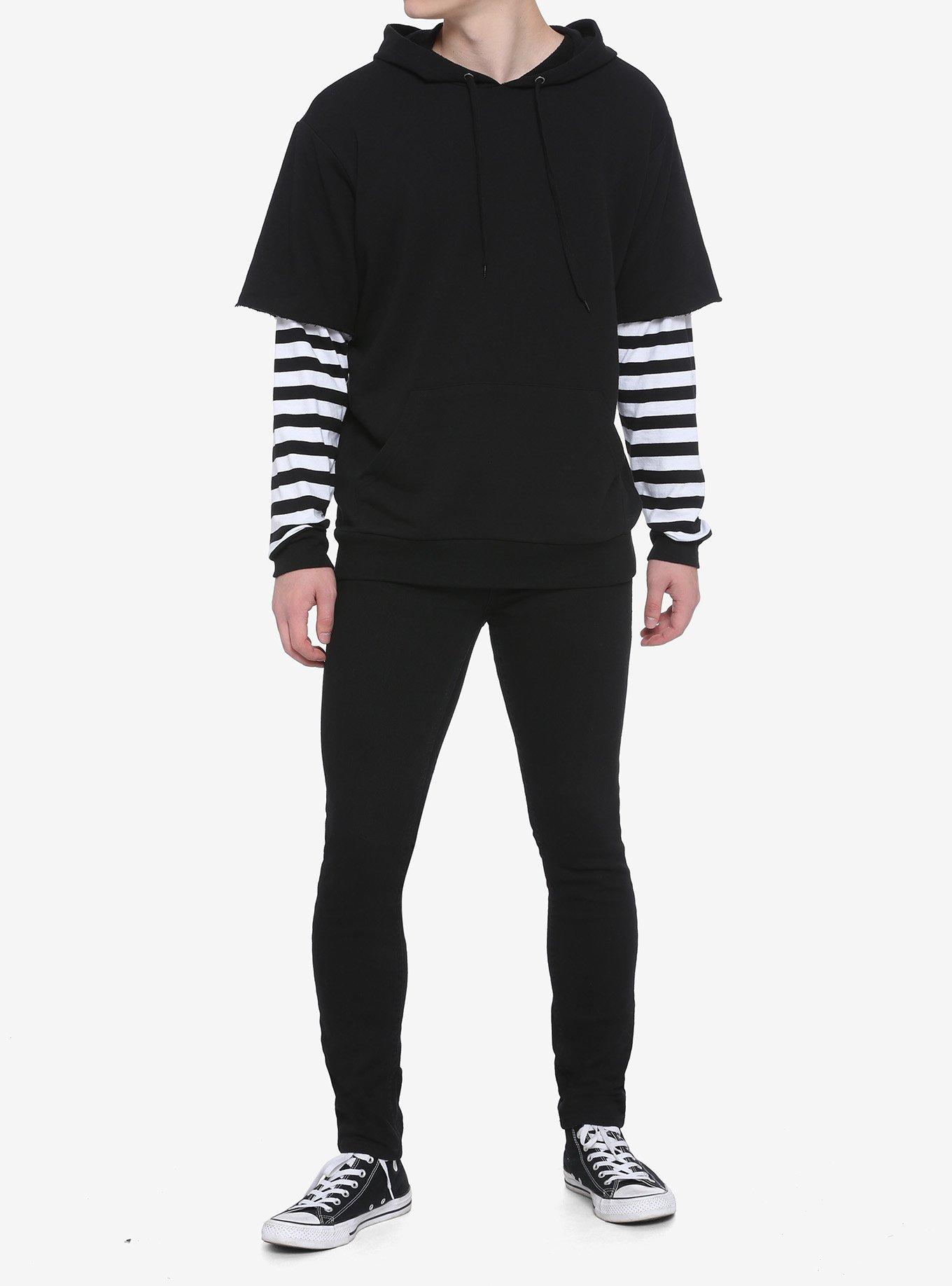 Black & White Stripe Twofer Hoodie, BLACK  WHITE, alternate