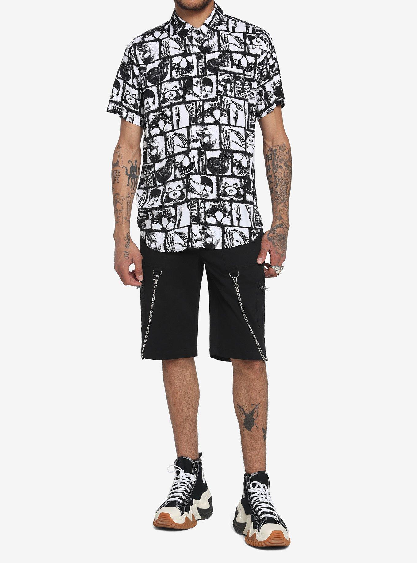 Black & White Skeletal Anatomy Woven Button-Up, BLACK, alternate