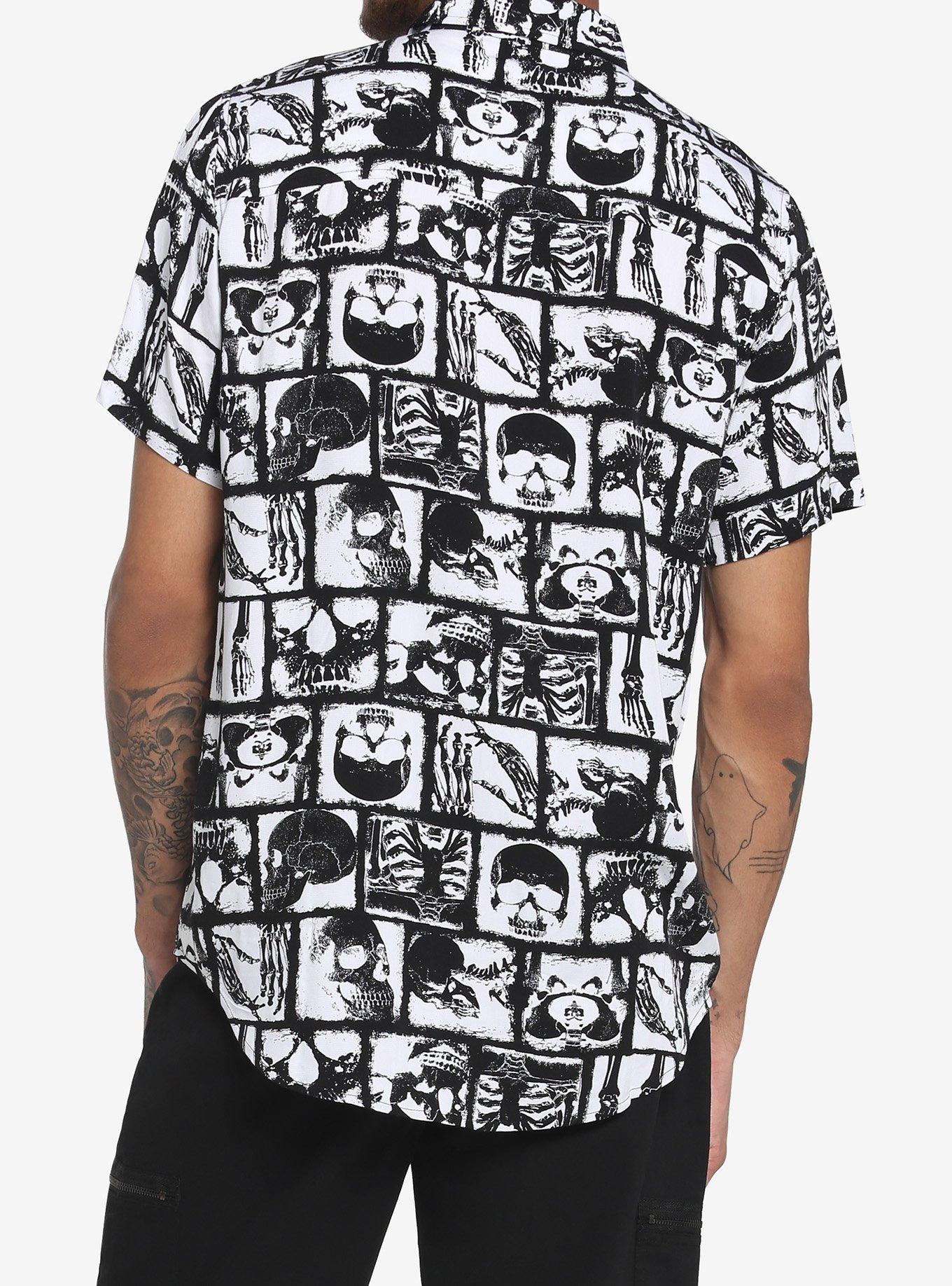 Black & White Skeletal Anatomy Woven Button-Up, BLACK, alternate