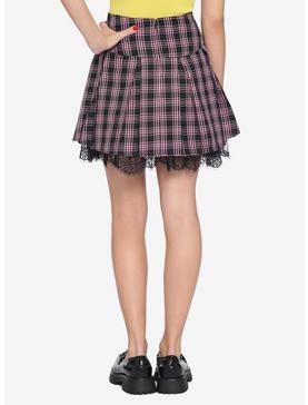Pink & Black Plaid Lace Trim Pleated Skirt, , hi-res