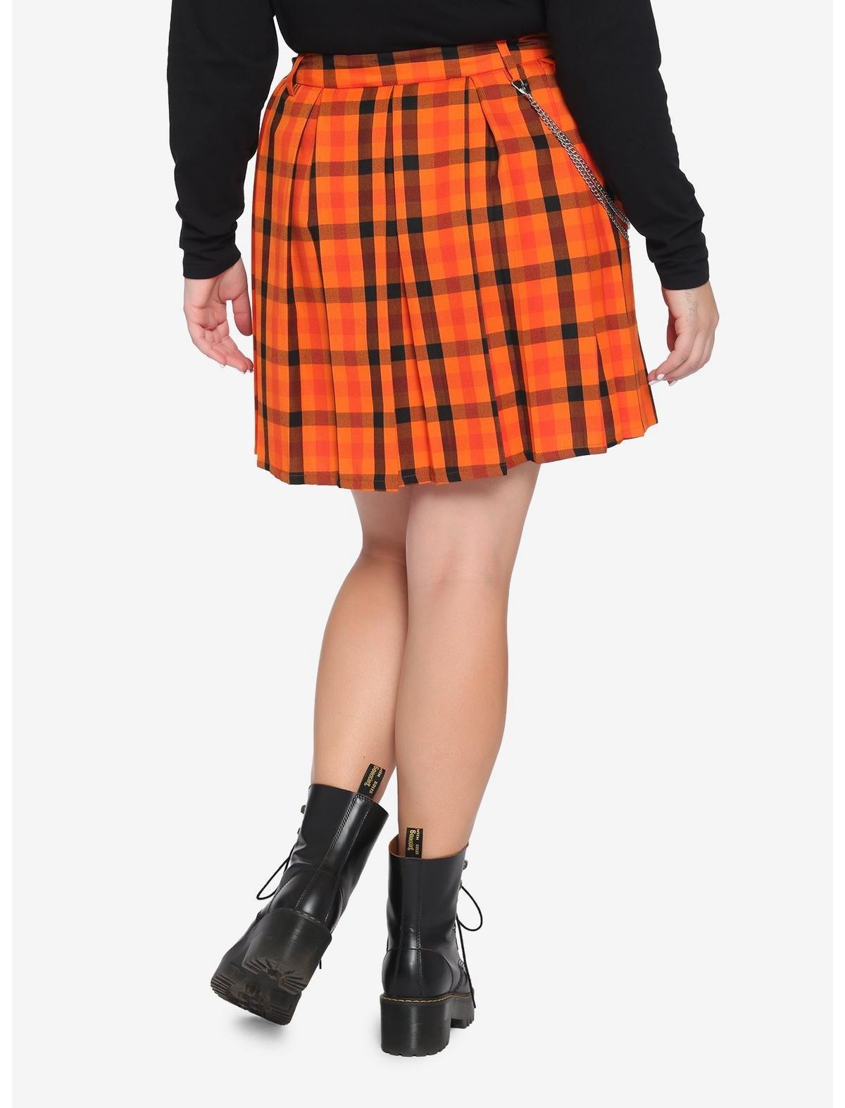 Orange Plaid Pleated Skirt Plus Size, PLAID, alternate