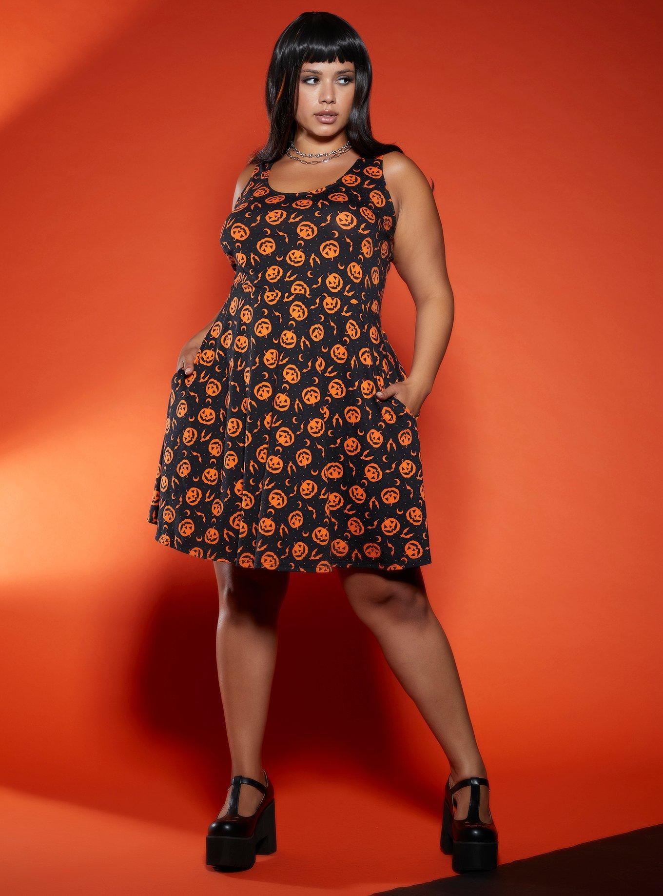 Black & Orange Pumpkin Dress Plus Size, BLACK, alternate