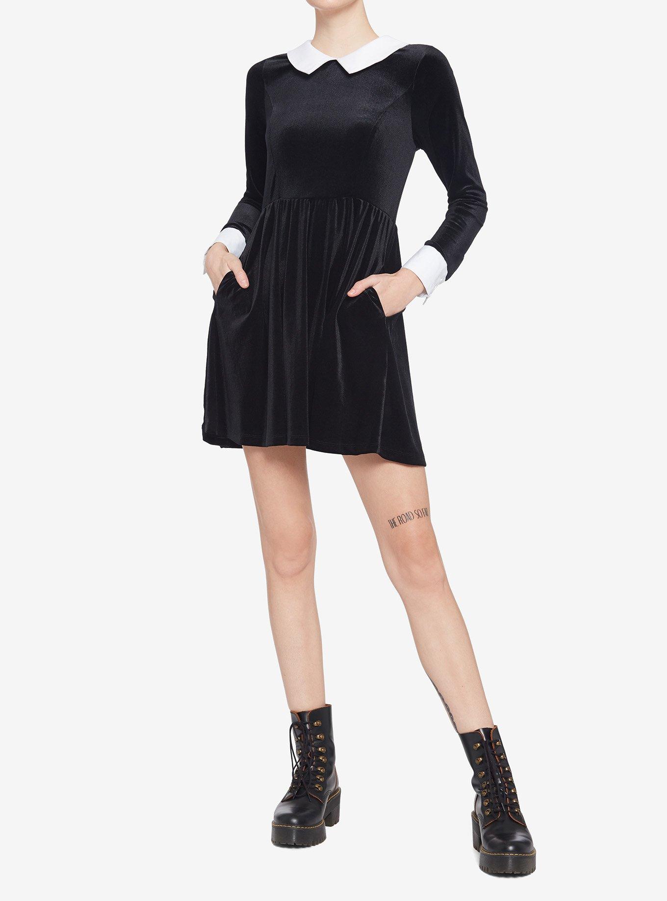 Black Velvet Cuffs & Collar Long-Sleeve Dress, BLACK, alternate