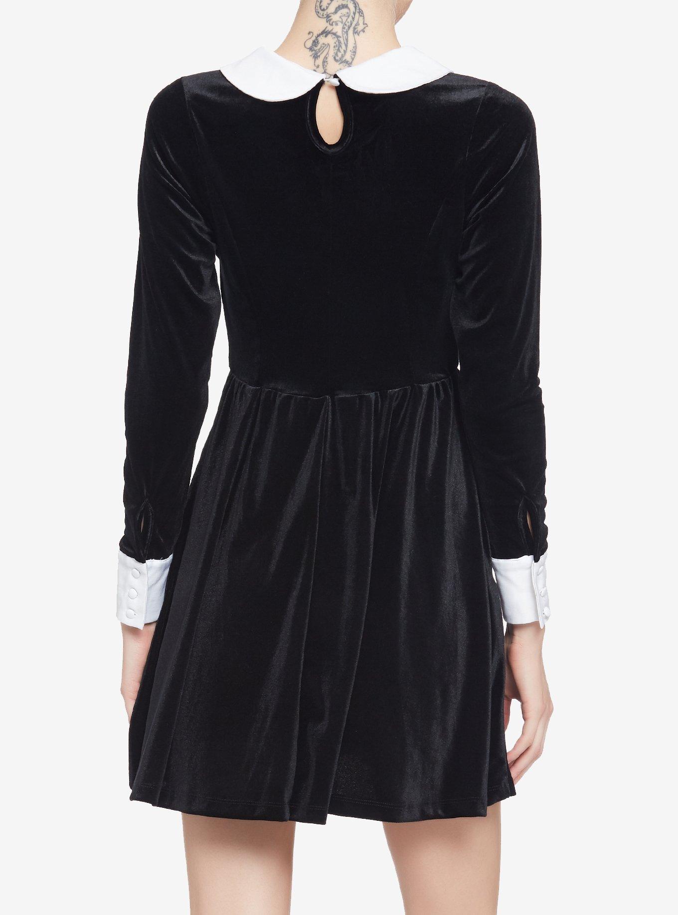 Black Velvet Cuffs & Collar Long-Sleeve Dress, BLACK, alternate