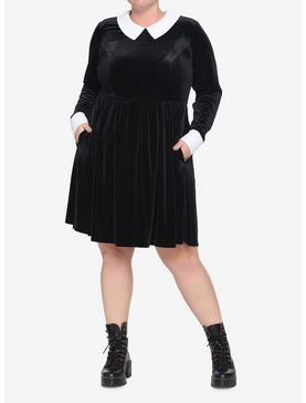 Black Velvet Cuffs & Collar Long-Sleeve Dress Plus Size, , hi-res