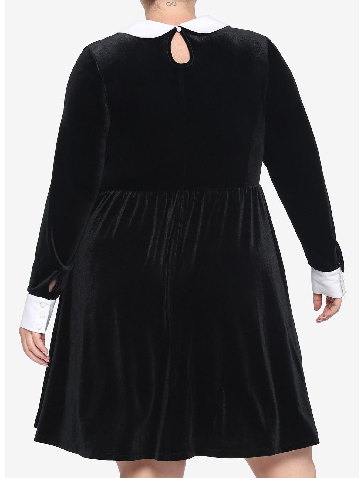 Black Velvet Cuffs & Collar Long-Sleeve Dress Plus Size, BLACK, alternate