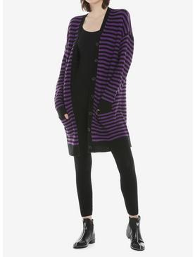 Purple & Black Stripe Button-Front Oversized Girls Cardigan, , hi-res