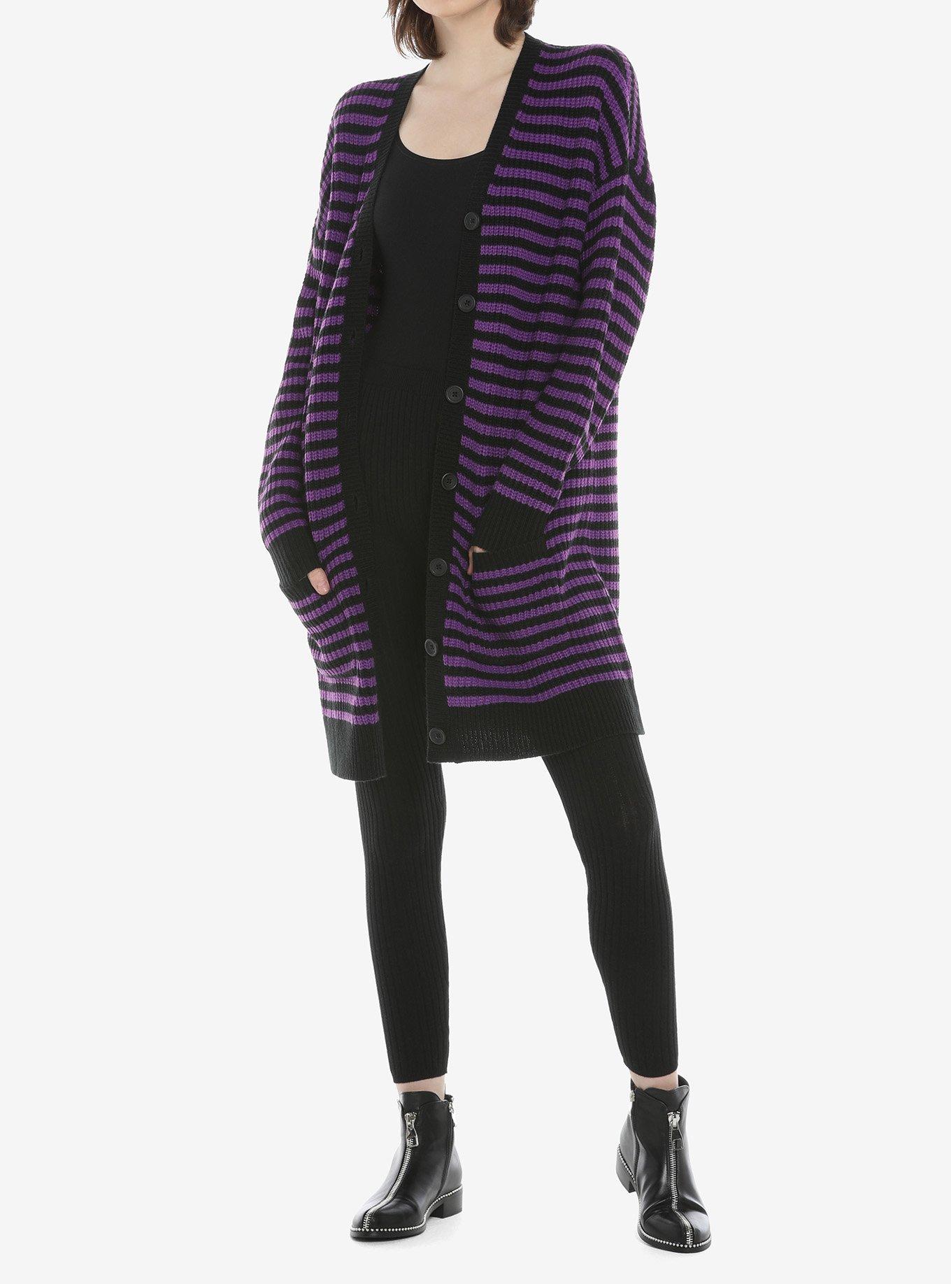 Purple & Black Stripe Button-Front Oversized Girls Cardigan, STRIPE - PURPLE, alternate
