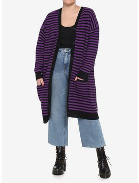 Purple & Black Stripe Button-Front Oversized Girls Cardigan Plus Size, , hi-res