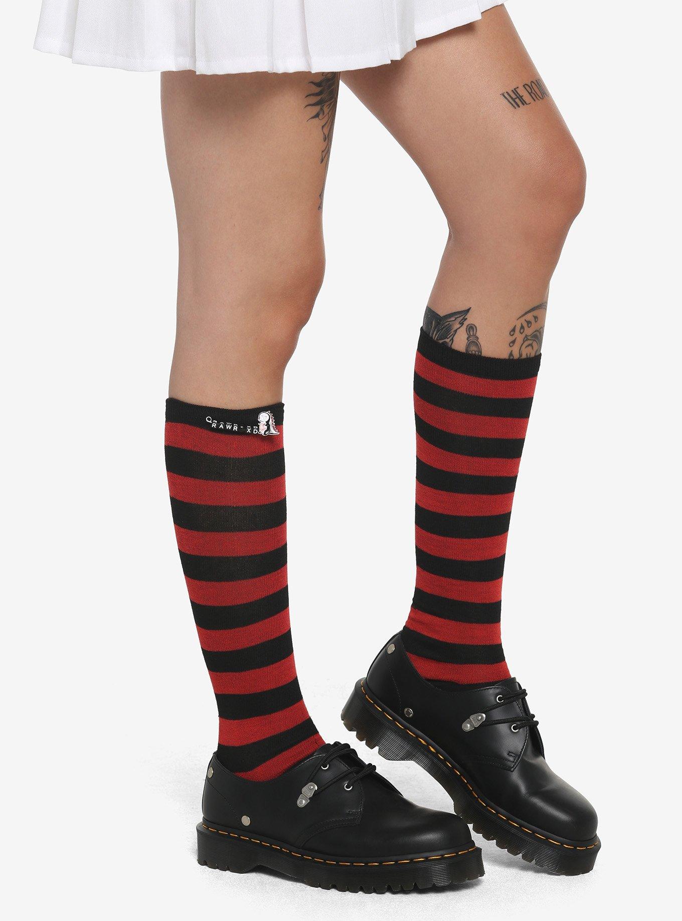 Red & Black Stripe Rawr XD Safety Pin Knee-High Socks, , alternate