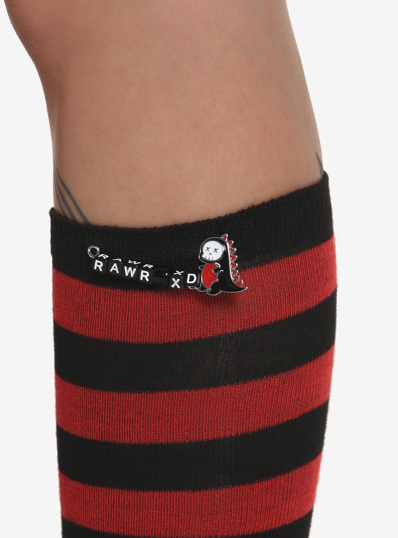 Red & Black Stripe Rawr XD Safety Pin Knee-High Socks, , alternate