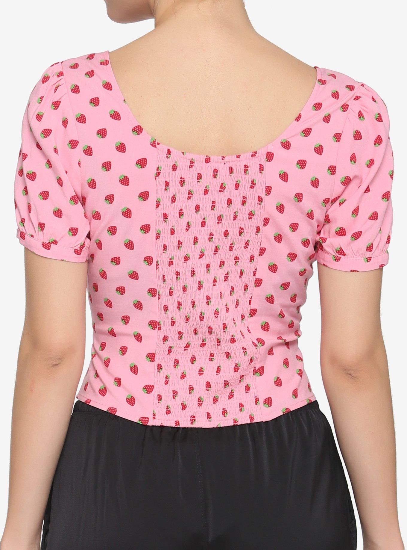 Strawberry Lace-Up Girls Crop Woven Top, PINK, alternate