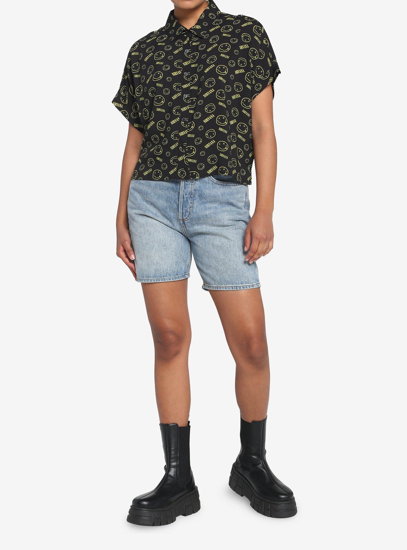 Nirvana Logo Boxy Girls Crop Woven Button-Up, BLACK, alternate
