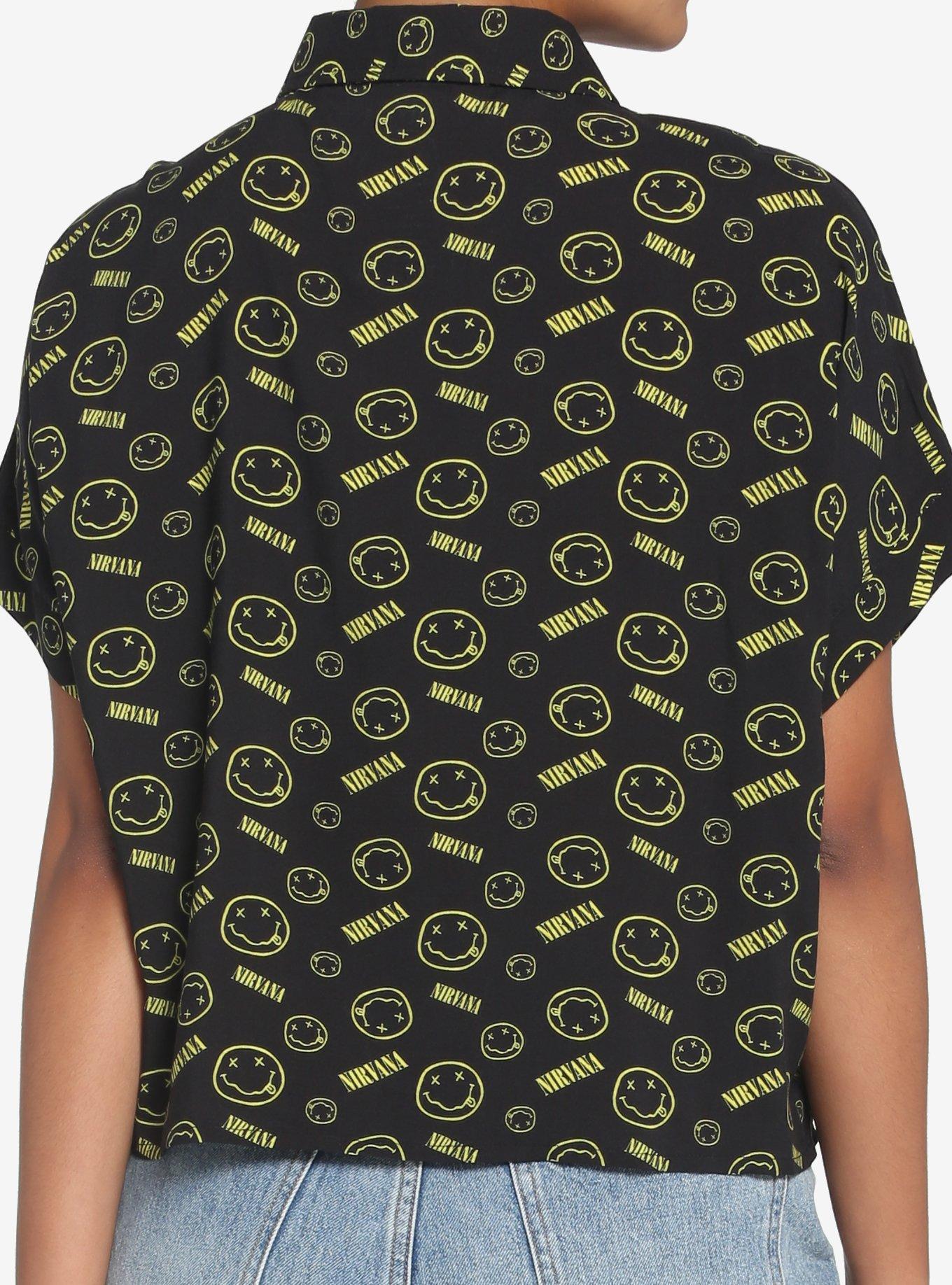 Nirvana Logo Boxy Girls Crop Woven Button-Up, BLACK, alternate