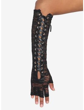 Black Lace-up Fingerless Arm Warmers, , hi-res