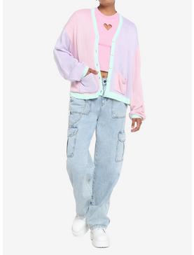 Pastel Pink & Lavender Color Block Girls Cardigan, , hi-res